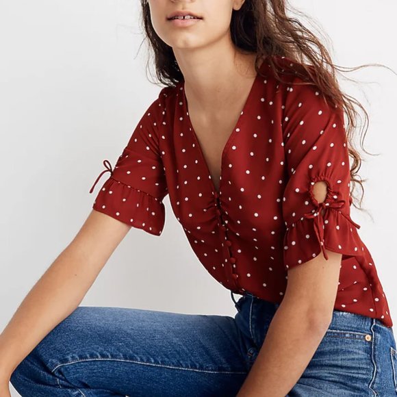 Madewell Polka Dot Daylight Tie Sleeve Top - Size 0 - Picture 2 of 10